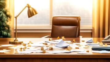 Disorganized office desk with scattered papers and a lamp, sunlight streaming through window photo
