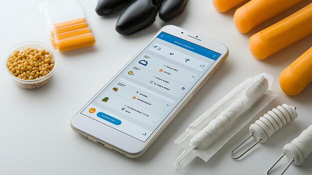 Smartphone displaying app interface surrounded by various tools and materials on a clean surface photo