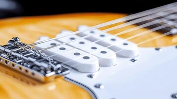 Close-up of an electric guitar showcasing its strings, pickups, and body design against a dark background photo