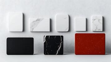 Various marble and stone samples displayed on a wall, showcasing different colors and textures photo