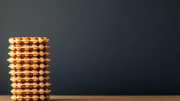 Stack of golden-brown waffles on a wooden table against a dark gray background photo