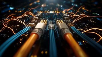 Close-up view of a futuristic circuit board with glowing cables and intricate connections photo