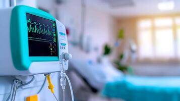 Medical monitor displaying vital signs in a serene hospital room with a patient bed in the background photo