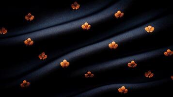 Elegant dark fabric with golden floral patterns, showcasing smooth draping and rich texture photo
