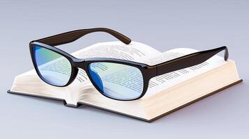Stylish sunglasses resting on an open book, with a soft gradient background, ideal for education photo