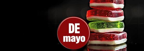 A stack of red, white and green candy on top of each other with the words 05 DE mayo written in bold letters next to it, black background, red round sticker shape with rounded edges. photo