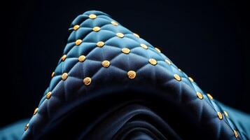 Close-up of a luxurious blue fabric with golden studs, showcasing intricate texture and design photo