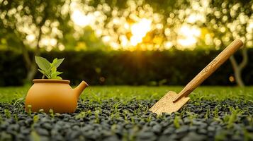 A serene garden scene at sunset featuring a watering can and a small plant in a pot photo