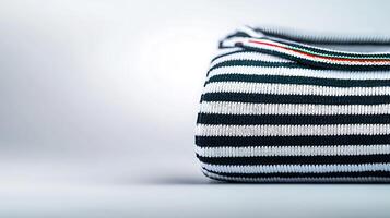 Striped fabric bag resting on a smooth surface with a minimalist background photo