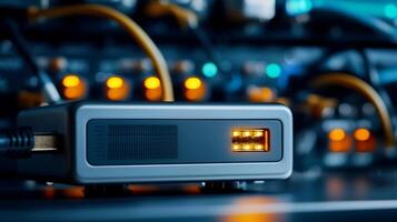 Close-up of a modern electronic device with glowing indicators amidst a tech-filled environment photo