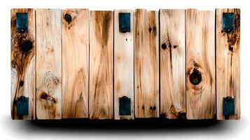 Rustic wooden crate with metal accents, set against a soft shadow background, ideal for storage photo