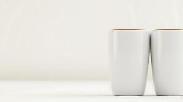 Two steaming white mugs placed side by side on a clean, minimalistic table setting photo