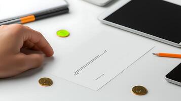 A persons hand resting on a blank card surrounded by coins and digital devices on a desk photo