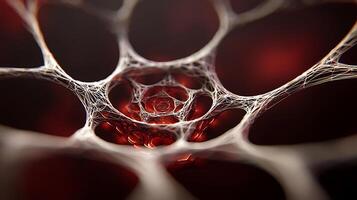 Intricate close-up of a cellular structure showcasing interconnected fibers and red hues photo