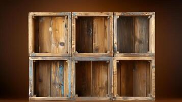 Rustic wooden crates arranged in a grid, showcasing their natural texture and color variations photo