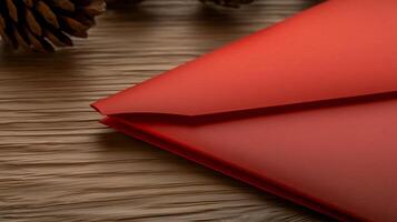 Red envelope resting on wooden surface with pine cones in the background, ideal for festive occasions photo