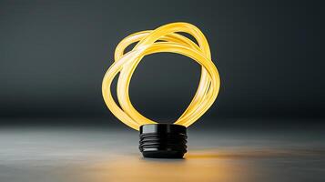 Abstract light bulb design with twisted yellow filament against a dark background, showcasing creativity photo