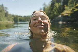 A woman is smiling while floating in the water photo