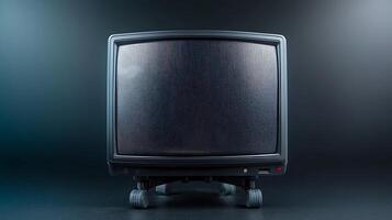 Vintage television set on wheels against a dark gradient background with subtle reflections photo