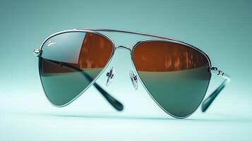 Stylish aviator sunglasses displayed on a vibrant background, showcasing their sleek design and reflective lenses photo
