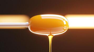 Close-up of a honey drop on a stick, glistening under warm light with a smooth texture photo