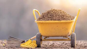 Yellow wheelbarrow filled with soil, gardening tools beside it, set against a blurred background photo