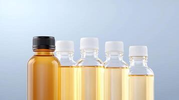 Various bottles of oil displayed in a row against a soft gradient background, emphasizing clarity photo