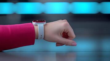 Close-up of a hand wearing a modern smartwatch, showcasing technology in a sleek, futuristic setting photo