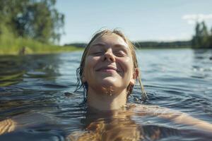 A woman is floating in the water with her eyes closed photo
