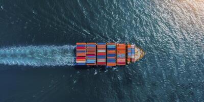 Aerial view of cargo ship with containers sailing in the sea, container transport and global business concept photo