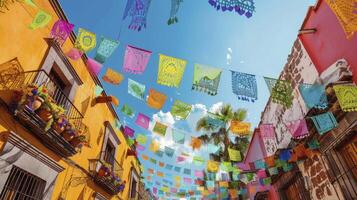 A street with colorful flags hanging from the buildings photo