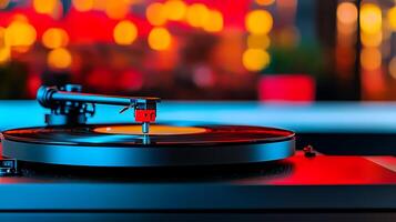 A close-up of a turntable playing a vinyl record, with colorful bokeh lights in the background photo