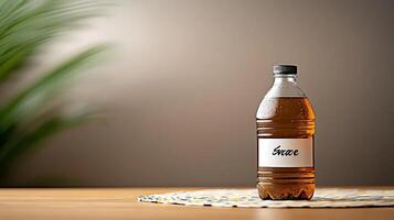 A close-up of a clear bottle filled with brown liquid, placed on a decorative tablecloth indoors photo