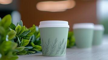 A close-up of a green paper coffee cup with leaf designs, set on a table surrounded by greenery photo