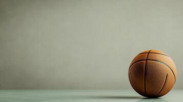 A close-up view of an orange basketball resting on a smooth surface against a plain background photo