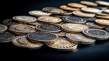 A close-up view of assorted coins scattered on a dark surface, showcasing their intricate designs photo