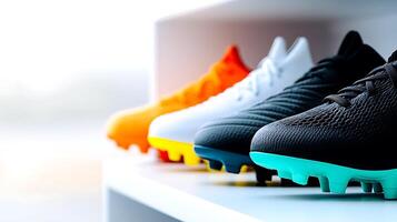 A close-up view of four pairs of colorful soccer cleats on a display shelf with a blurred background photo