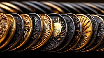 A close-up view of intricately designed golden and black coins arranged in a row, showcasing detailed patterns photo