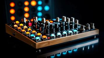 A close-up of a vibrant audio mixer with colorful knobs and buttons against a dark background photo