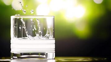 A crystal-clear glass filled with water splashing against a vibrant green background photo
