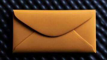 A close-up view of a yellow envelope resting on a textured black surface, ideal for stationery concepts photo