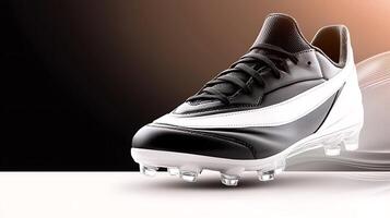 A close-up of a sleek black and white soccer cleat on a minimalist background with dynamic lighting photo