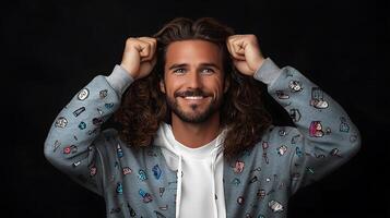 Smiling man with long curly hair celebrates with raised fists against a dark background photo