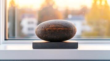 Smooth stone sculpture resting on a sleek base, illuminated by warm sunset light through a window photo