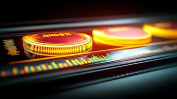 Close-up of illuminated audio mixer knobs with vibrant sound wave visualization in background photo