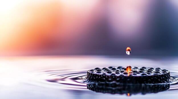 Close-up of a water droplet creating ripples on a surface, with a colorful blurred background photo