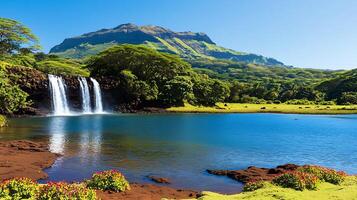 Serene waterfall cascading into a tranquil lake surrounded by lush greenery and mountains photo