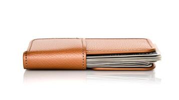 Stylish leather wallet filled with cash and cards, resting on a reflective surface, minimalistic background photo