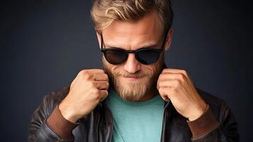 Stylish man adjusting his jacket while wearing sunglasses against a dark background photo