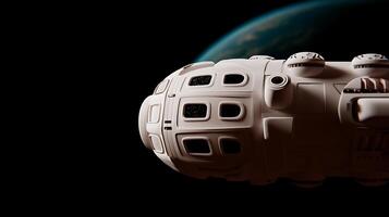 A futuristic spacecraft gliding through space with Earth visible in the background photo
